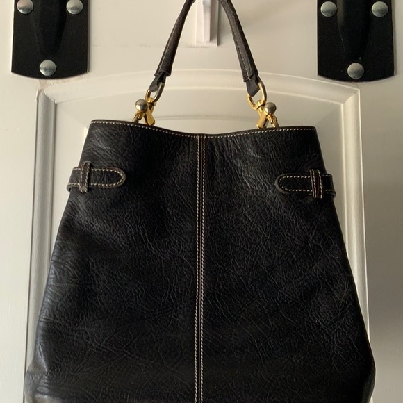 Black Leather Horse Bit Handbag with small attached bag inside and two handles. - Picture 4 of 8